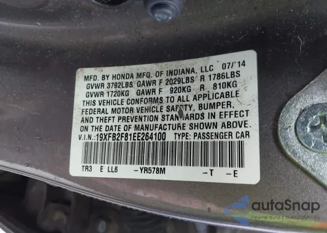 2014 Honda Civic Ex из США, поврежденный, VIN 19XFB2F81EE264100